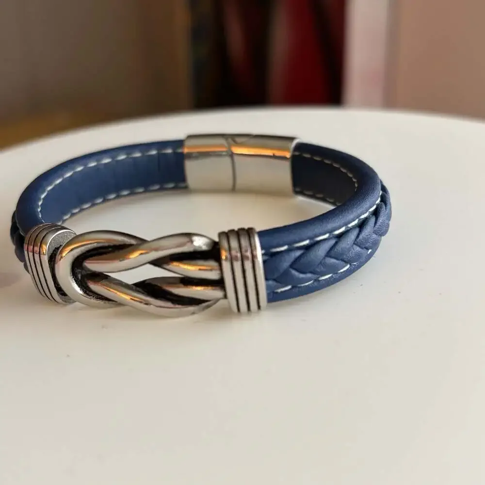 Men's LYNX Stainless Steel & Navy Braided Leather Bracelet